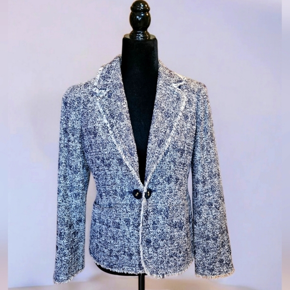 Tweed Fringe Trim Blazer-Navy Blue & White- Timeless Style - Picture 5 of 16